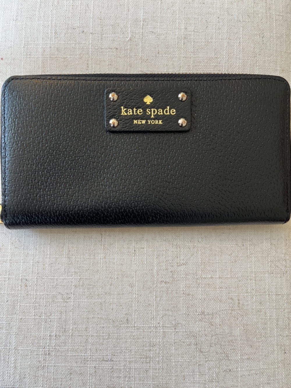 kate spade Black Leather Zip Wallet with Gold Logo